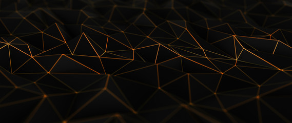 Abstract Black Polygonal Background With Futuristic  Neon Orange Light Lines - 3D Illustration