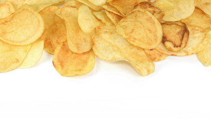 Salty Potato chips isolated on white background.