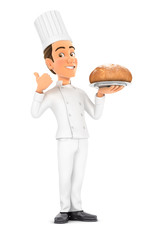 3d head chef standing with bread and thumb up