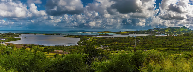 A view from Paradise view across lakes towards Orient Bay, St Martin