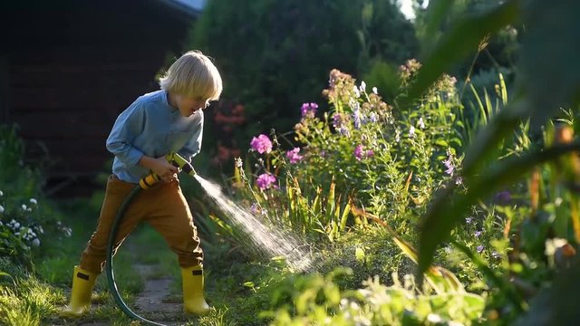 Little boy watering flower bed and playing with garden hose in sunny backyard.Preschooler child shooting water from hose pipe like spray gun and having fun.Summer outdoor activity for family with kids