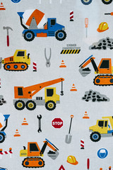 Tissu avec des motifs d'enfant camions et outils de transport - Arrière plan motifs sur le thème...