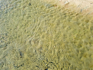 Abstract texture on the water surface of the pond, digitally worked in green and yellow colors. Abstract art, contemporary photo. Top view.