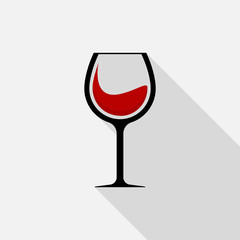Red wine in glass icon with long shadow on gray background, flat design style