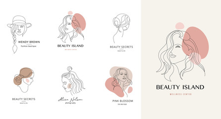 Vector logo and branding design templates in minimal style, for beauty center, fashion studio, haircut salon and cosmetics - female portrait, beautiful woman's face 