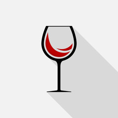 Red wine in glass icon with long shadow on gray background, flat design style