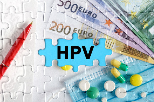 Double exposure. Puzzles with the image of pills, medical mask, pens and euro with the inscription -HPV
