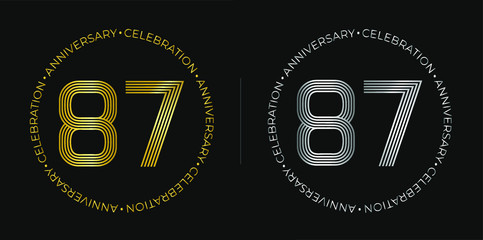 87th birthday. Eighty-seven years anniversary celebration banner in golden and silver colors. Circular logo with original numbers design in elegant lines.