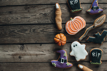 Halloween cookies for the party. Pumpkins. Autumn mood. Happy Halloween concept. 