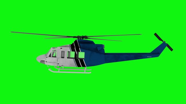 Realistic helicopter flying animation. Side view. Green screen 4k footage