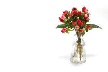 ガラス瓶に活けたヒペリカムの実