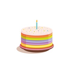 Birthday cake vector illustration with colorful layers and a candle on top.