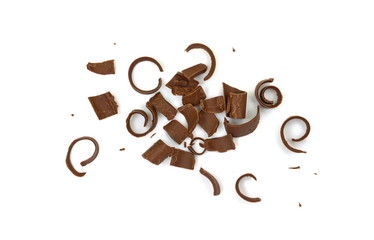 CHOCOLATE ROLL. Chocolate Curls Isolated On White Background. Group of chocolate shavings. 