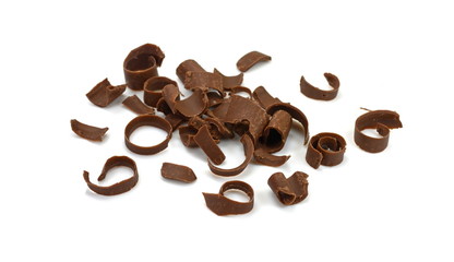 CHOCOLATE ROLL. Chocolate Curls Isolated On White Background. Group of chocolate shavings. 
