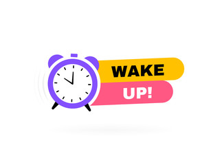 Fototapeta na wymiar Wake up geometric badge with alarm clock. Time to get up. Modern Vector illustration