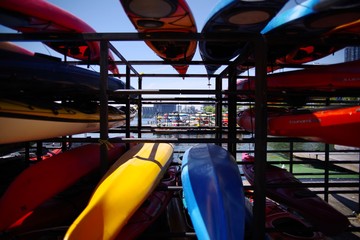 colorful kayaks on the beach