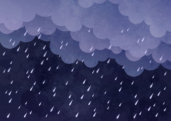 Cloud and rain on dark background. watercolor on paper craft style. Vector illustration. - obrazy, fototapety, plakaty