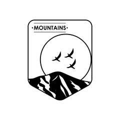 insignia badge with mountain and big sun, silhouette style