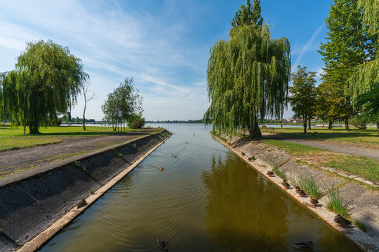 A small lake in the town of Żnin on a beautiful sunny day with a blue cloudless sky.