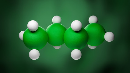 Model of a butane molecule of the family of the single bonded hydrocarbons. Four Carbon atoms in green, Hydrogen atoms in white. - obrazy, fototapety, plakaty