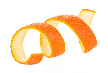 Spiral orange peel isolated on a white background. Citrus fruit. Orange twist.