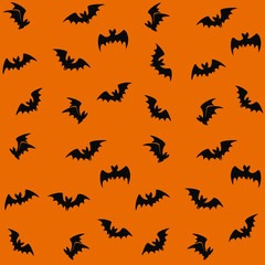 Halloween background with black bats. Haloween party card background template. Flock of bats.