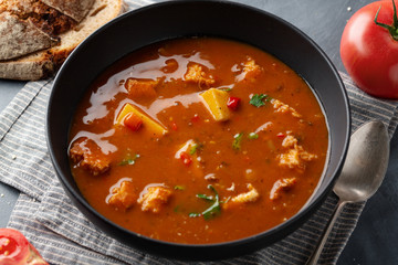 Goulash soup with meat and vegetables in bowl