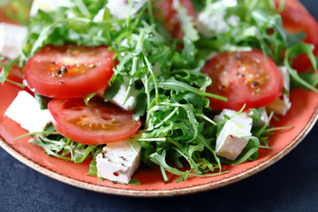 Fresh salad with arugula, white cheese and tomato.
healthy salad. Vegetarian diet.