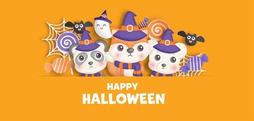 Happy Halloween banner with cute  animals and ghost.