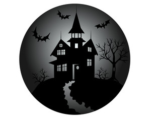 Halloween mansion with bats and footpath - vector black and white illustration. Illustration for the holiday Halloween - haunted house or witch house - black silhouette.