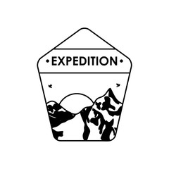 expedition insignia badge with snowy mountains and sun, silhouette style