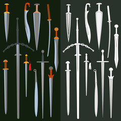 Set of different types swords. Simple vector in color and lines.