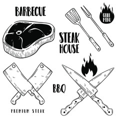 Steak house, hand drawn beef steak. Design elements for restaurant. Vector illustration poster.