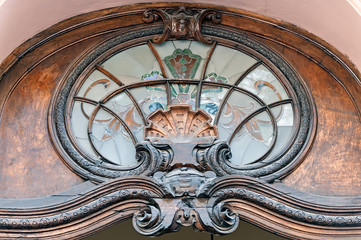 The Scientists House facade decoration in Lviv, Ukraine on top