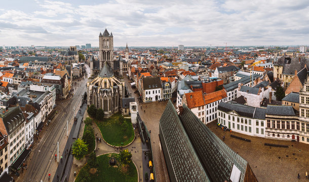 Skyline of Gent with Saint Nicholas Church at the foreground