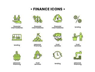 Finance icons set. Vector illustration of financial intermediary icons, resource financing, trust services, lending.