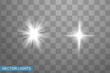 White glowing light explodes on a transparent background. Sparkling magical dust particles. Bright Star. Transparent shining sun, bright flash. Vector sparkles. To center a bright flash