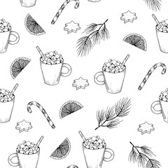 Hand drawn seamless pattern with desserts. Coffee, cocoa, biscuits, cupcake, biscuit cookies.