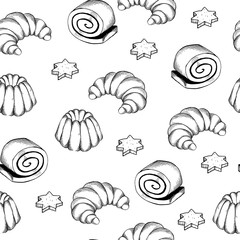 Hand drawn seamless pattern of bread and bakery products.