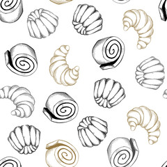 Hand drawn seamless pattern of bread and bakery products.