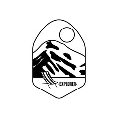 explorer shield badge with snowy mountains and sun, silhouette style