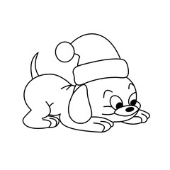 Coloring of Brown Dog Wearing Santa Hat Cartoon, Cute Funny Character, Flat Design