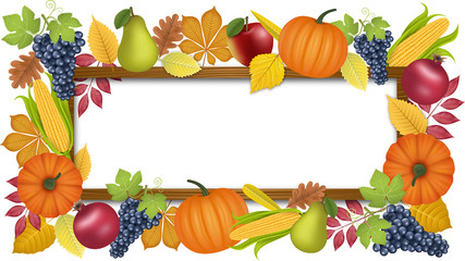 Wooden frame with fall leaves and fruits. Autumn and thanksgiving frame.