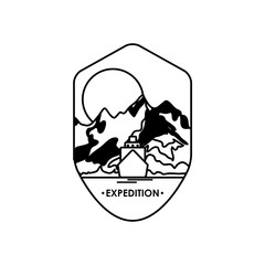 shield insignia badge with dry mountains and sun landscape, silhouette style