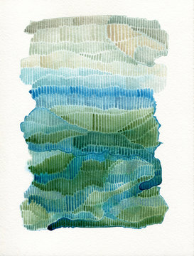 Watercolor abstract landscape created with small lines