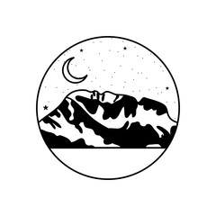 round insignia with snowy mountains and half moon, silhouette style