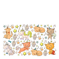 Pattern with unicorns, rainbow, confetti and other elements. Vector background with stickers, pins, patches in cartoon. Cats and dogs.