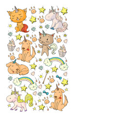 Pattern with unicorns, rainbow, confetti and other elements. Vector background with stickers, pins, patches in cartoon. Cats and dogs.