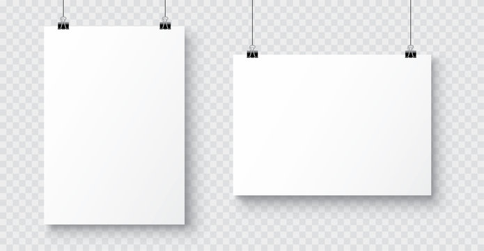 Vector realistic white blank A4 paper poster hanging on a rope with clip - stock vector.