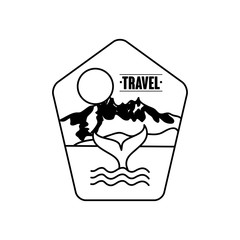 travel insignia badge with whale tain and snowy mountains, silhouette style
